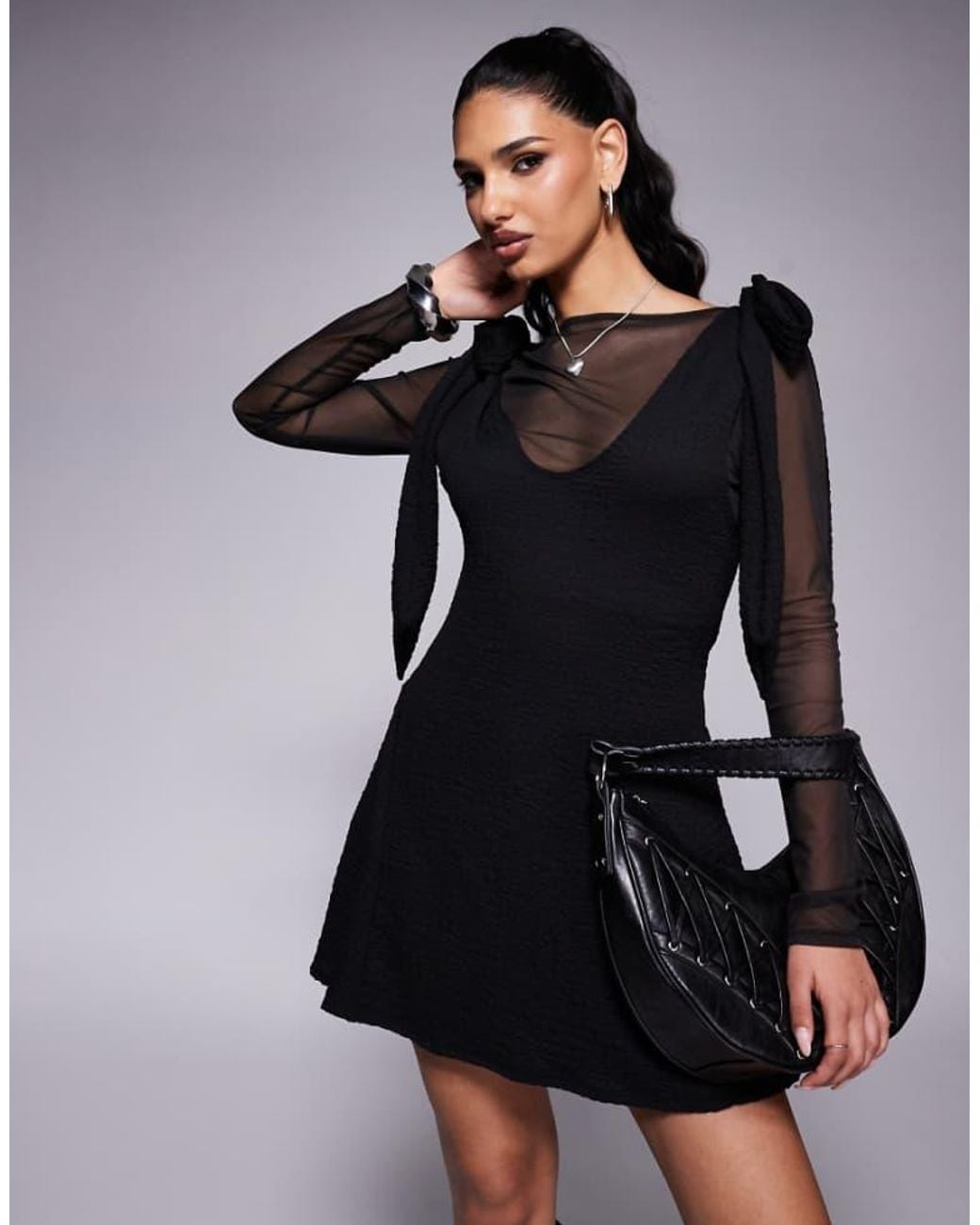 ASOS Black Mesh Insert Tie Shoulder Swing Mini Dress