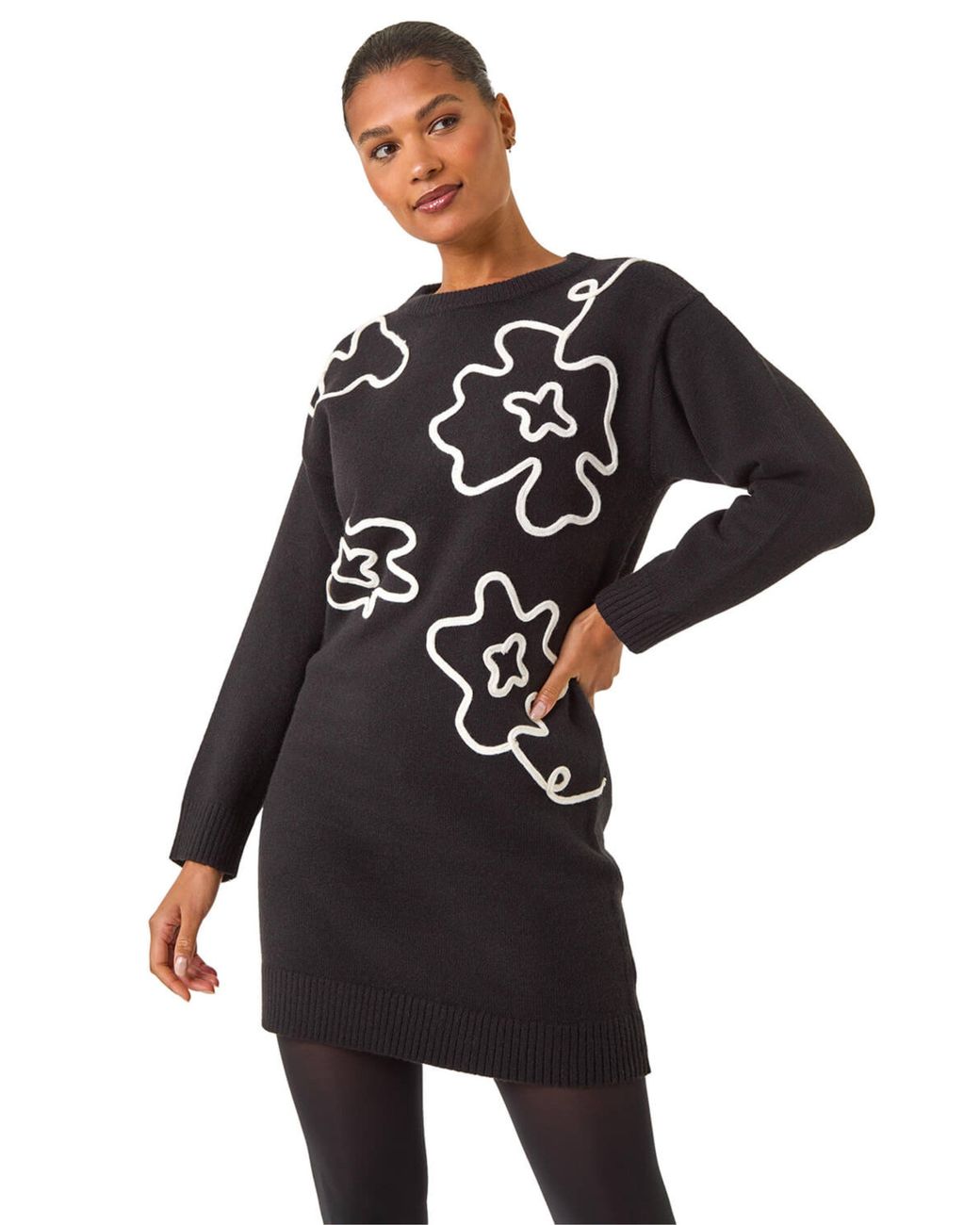 Roman Black Floral Motif Knit Dress