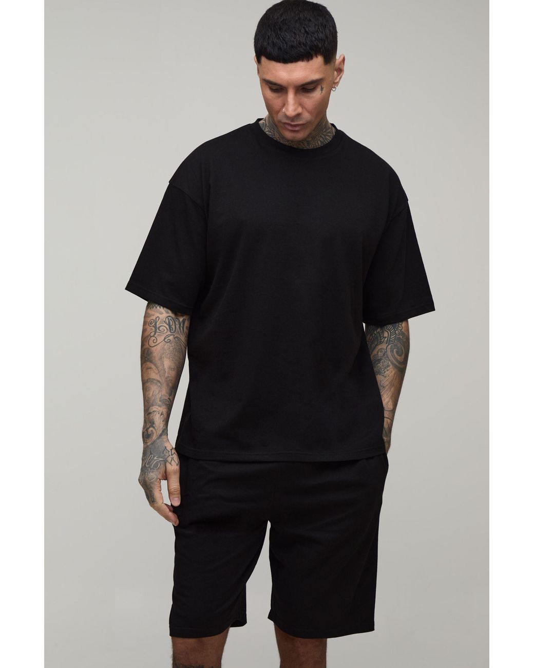BoohooMAN Black Tall Dash Oversized T-Shirt & Loungewear Short Set for men