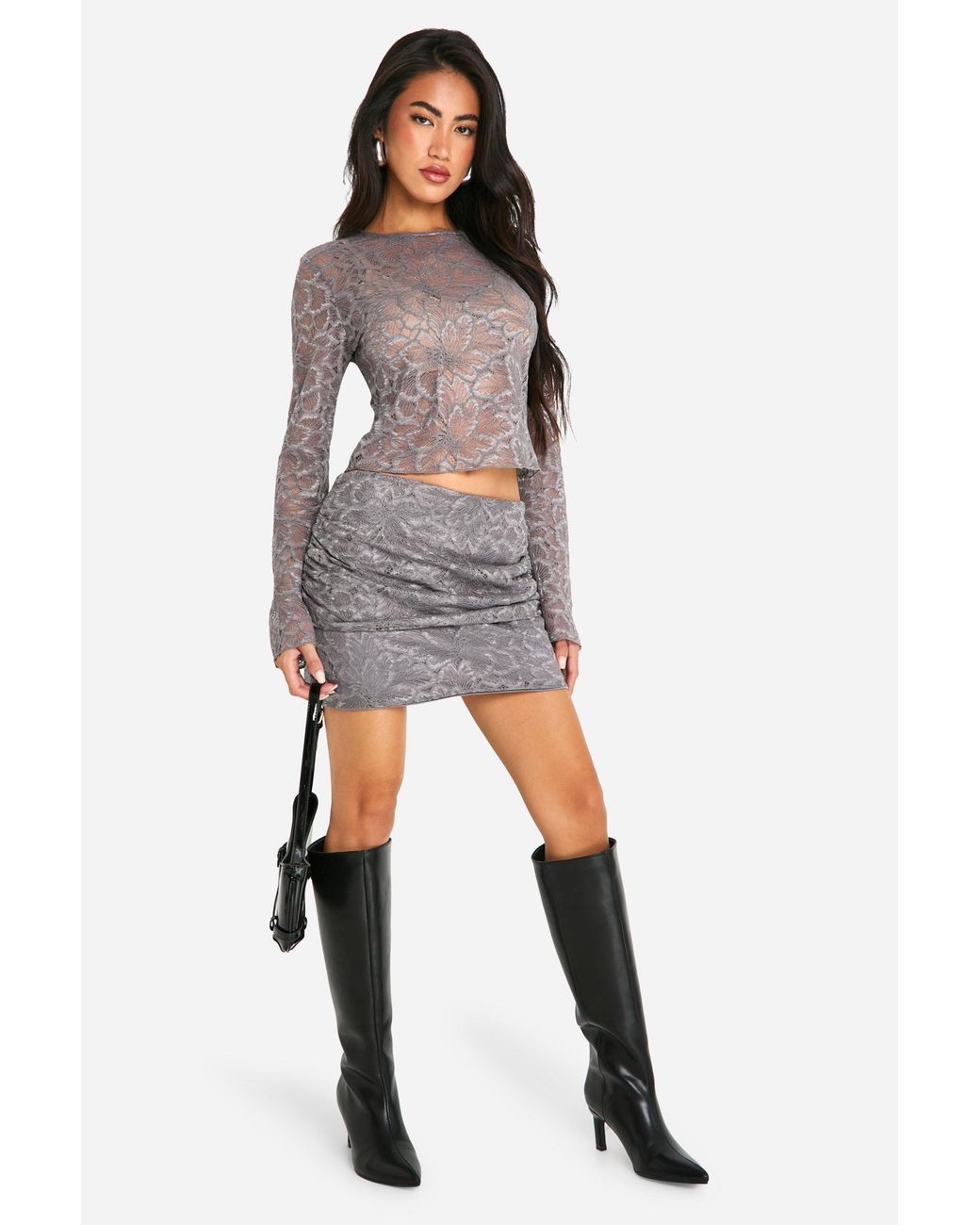 Boohoo Gray Lace Ruched Side Mini Skirt