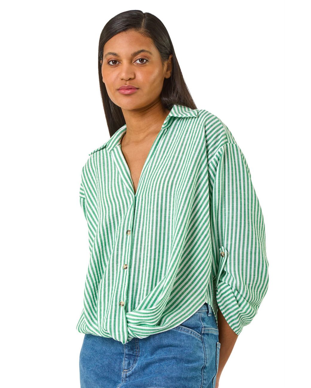 Roman Green Twisted Hem Striped Shirt