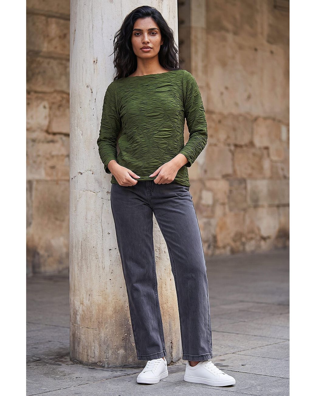 Roman Green Textured Slash Neck Top