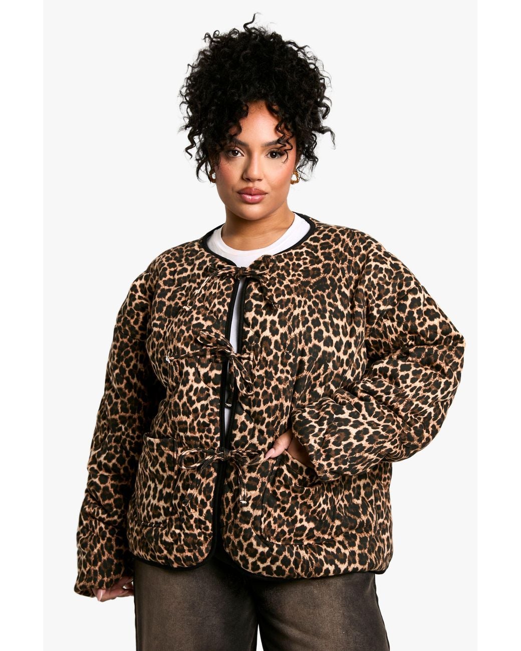 Boohoo Black Plus Leopard Tie Detail Padded Jacket