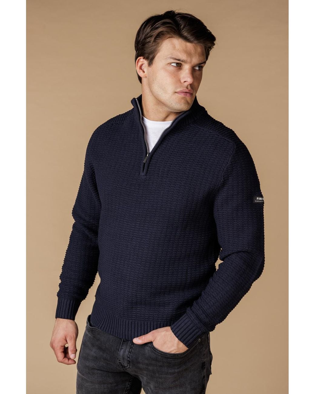 Firetrap Blue Cotton Rich Textured Half Zip Jumper for men
