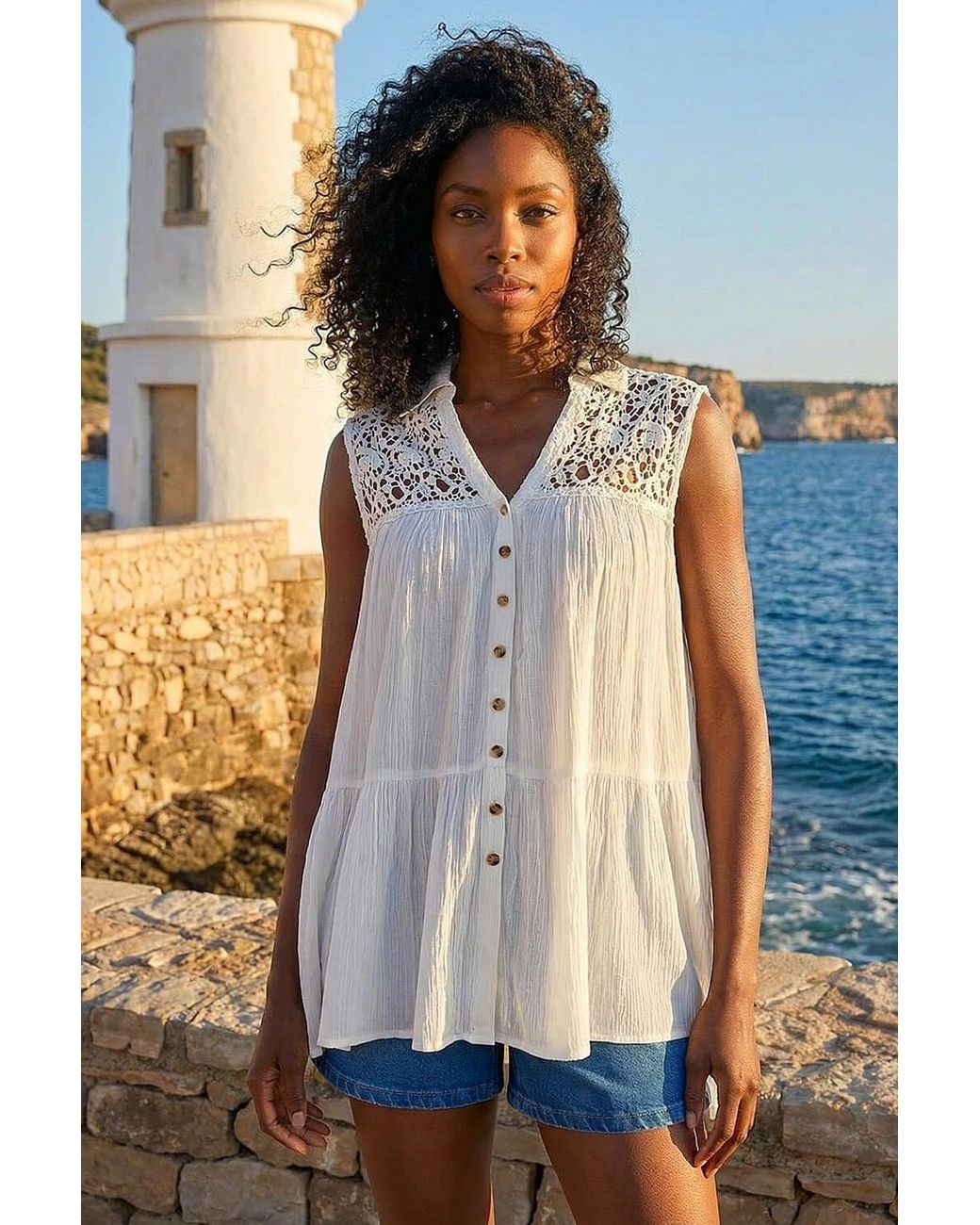 Roman White Lace Yoke Tiered Panel Blouse