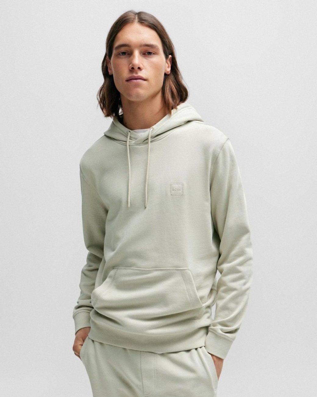 Boss Gray Wetalk Pullover Hoodie With Logo Patch for men