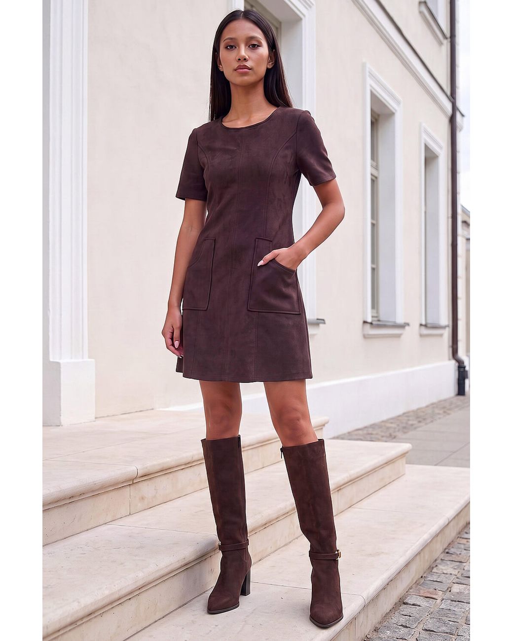 Roman Purple Petite Faux Suede Stitched Dress