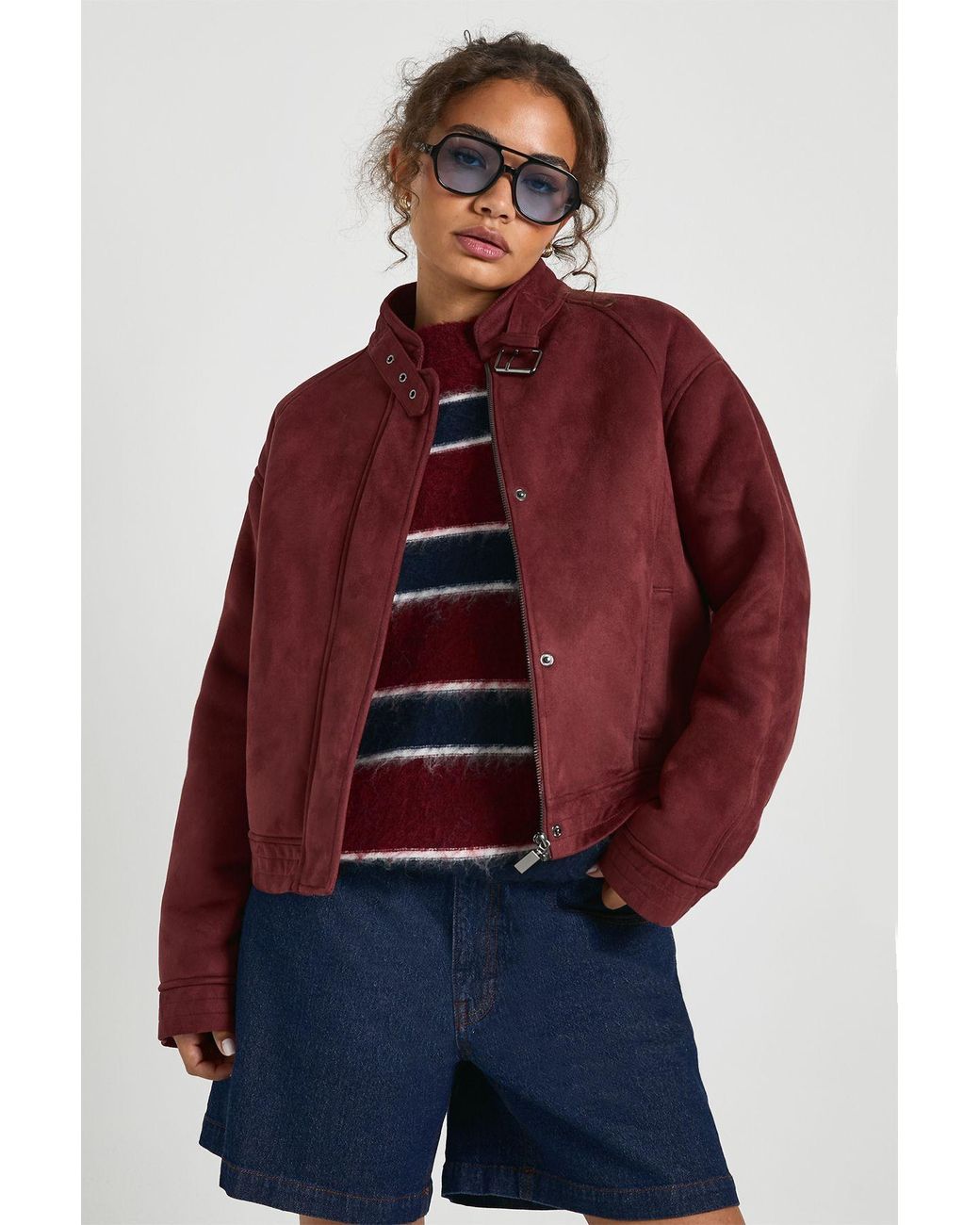 Boohoo Red Faux Suede Aviator Jacket