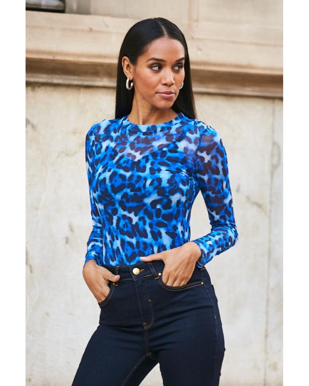 Sosandar Blue Leopard Print Mesh Jersey Top