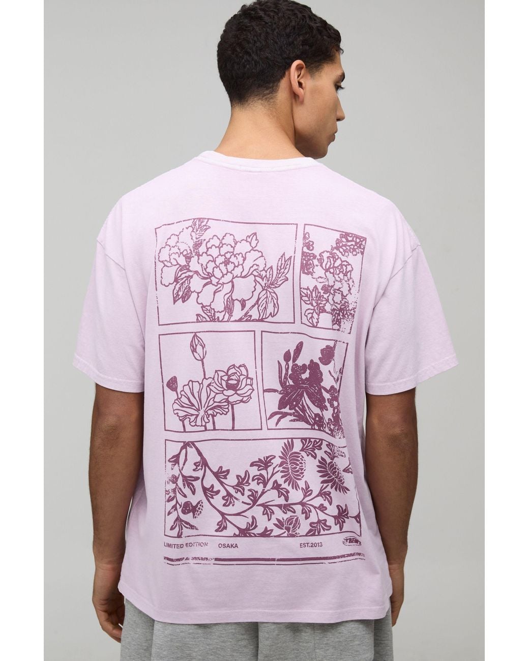 BoohooMAN Pink Washed Oversized Boxy Floral Print Extended Neck T-Shirt for men