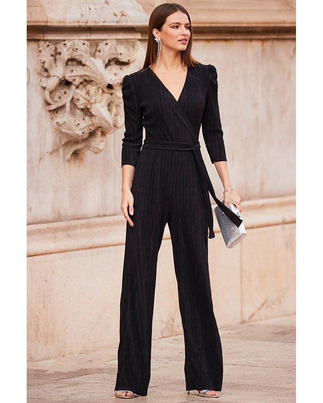 Sosandar Black Plisse Wrap Front Jumpsuit