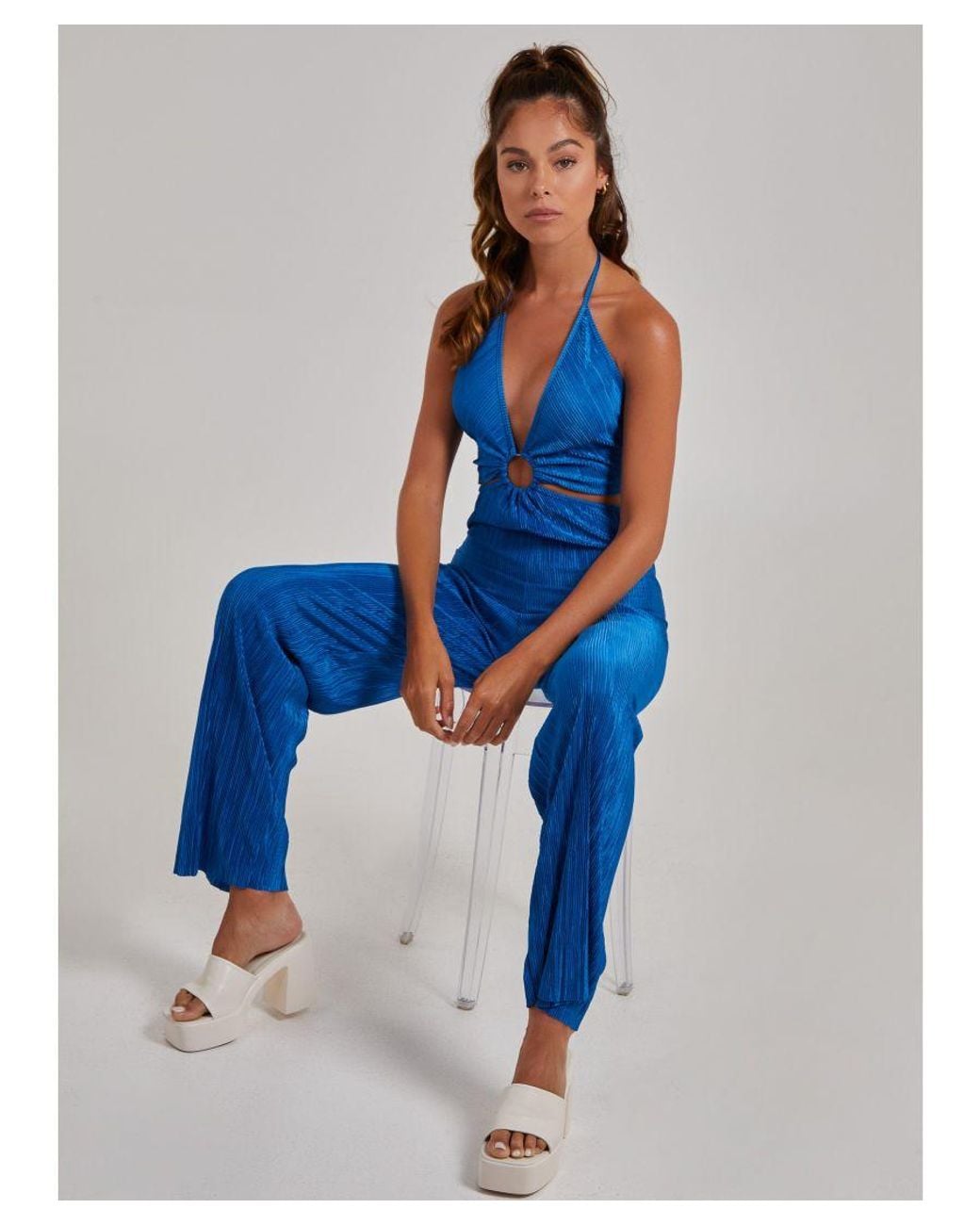 Pink Vanilla Blue Cut Out Keyhole Pleated Jumpsuit