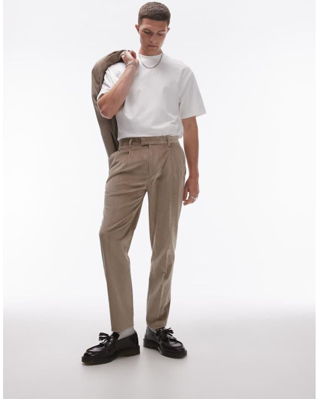 Topman White Tapered Cord Trousers for men