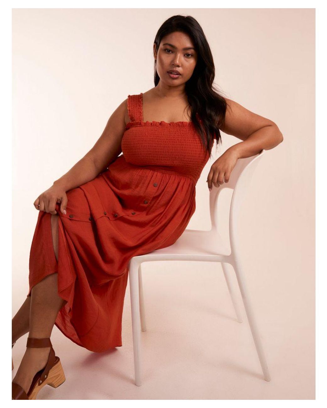 Blue Vanilla Curve Shirred Bust Button Down Midi Dress