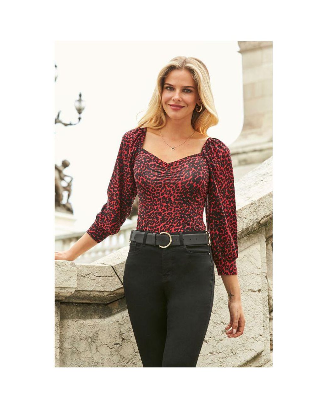 Sosandar Brown Leopard Print Sweetheart Neckline Jersey Top
