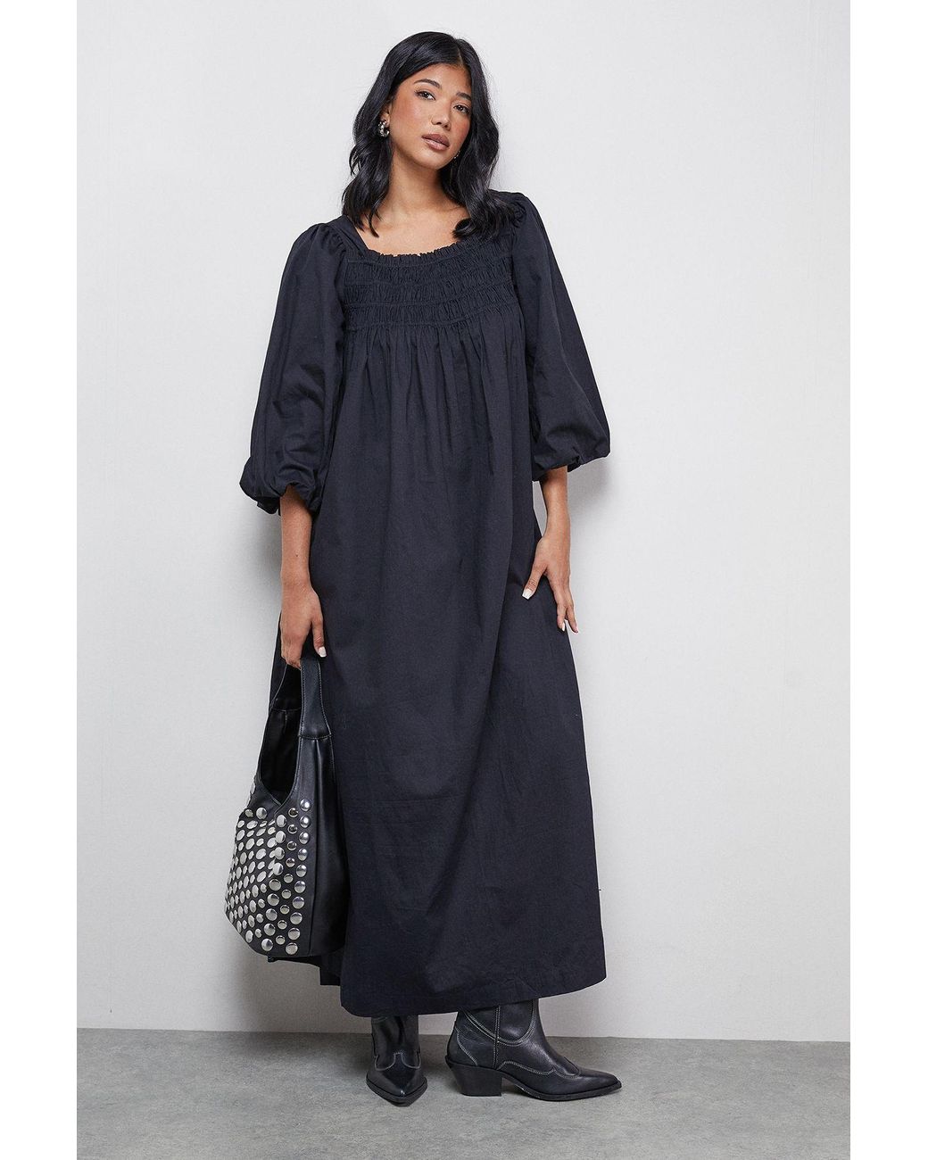 Warehouse Cotton Shirred Square Neck Midi Dress in Blue | Lyst UK