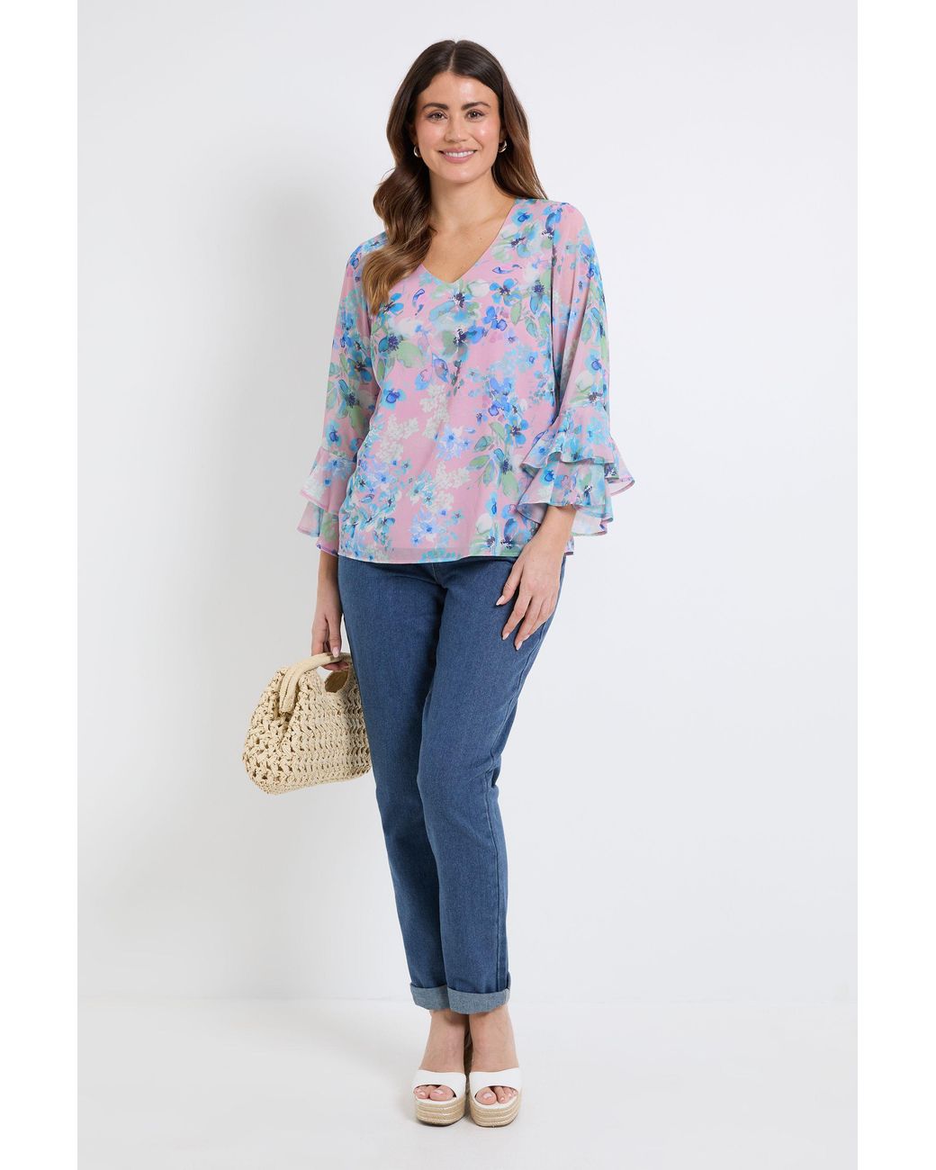 Wallis Blue Floral Flute Sleeve Top