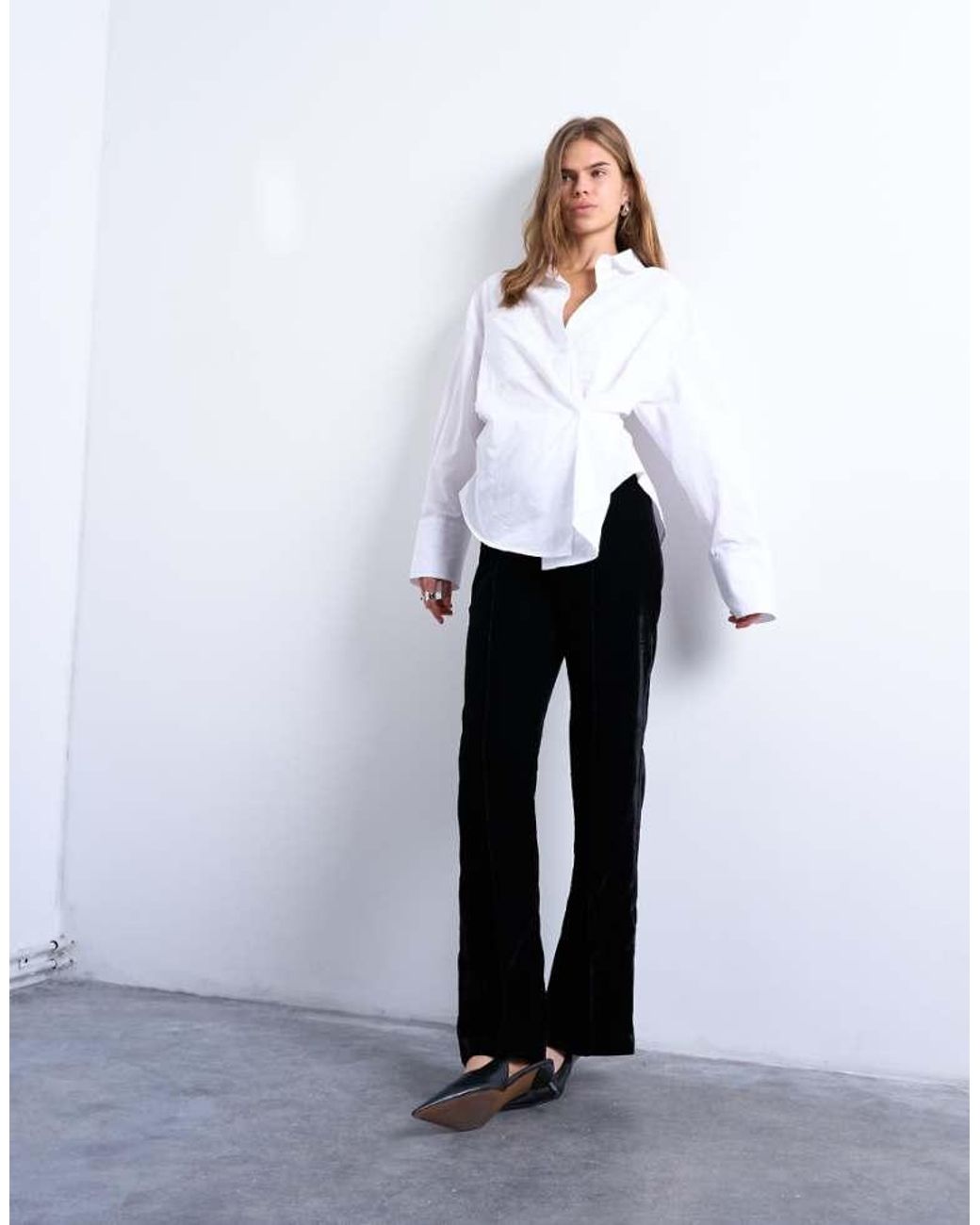 TOPSHOP White Velvet Pintuck Slim Leg With Split
