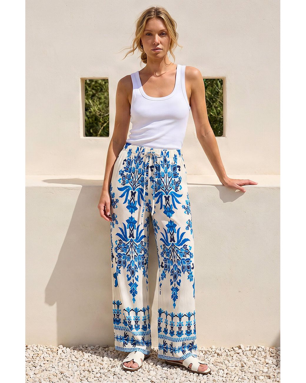 Roman Blue Border Print Trousers