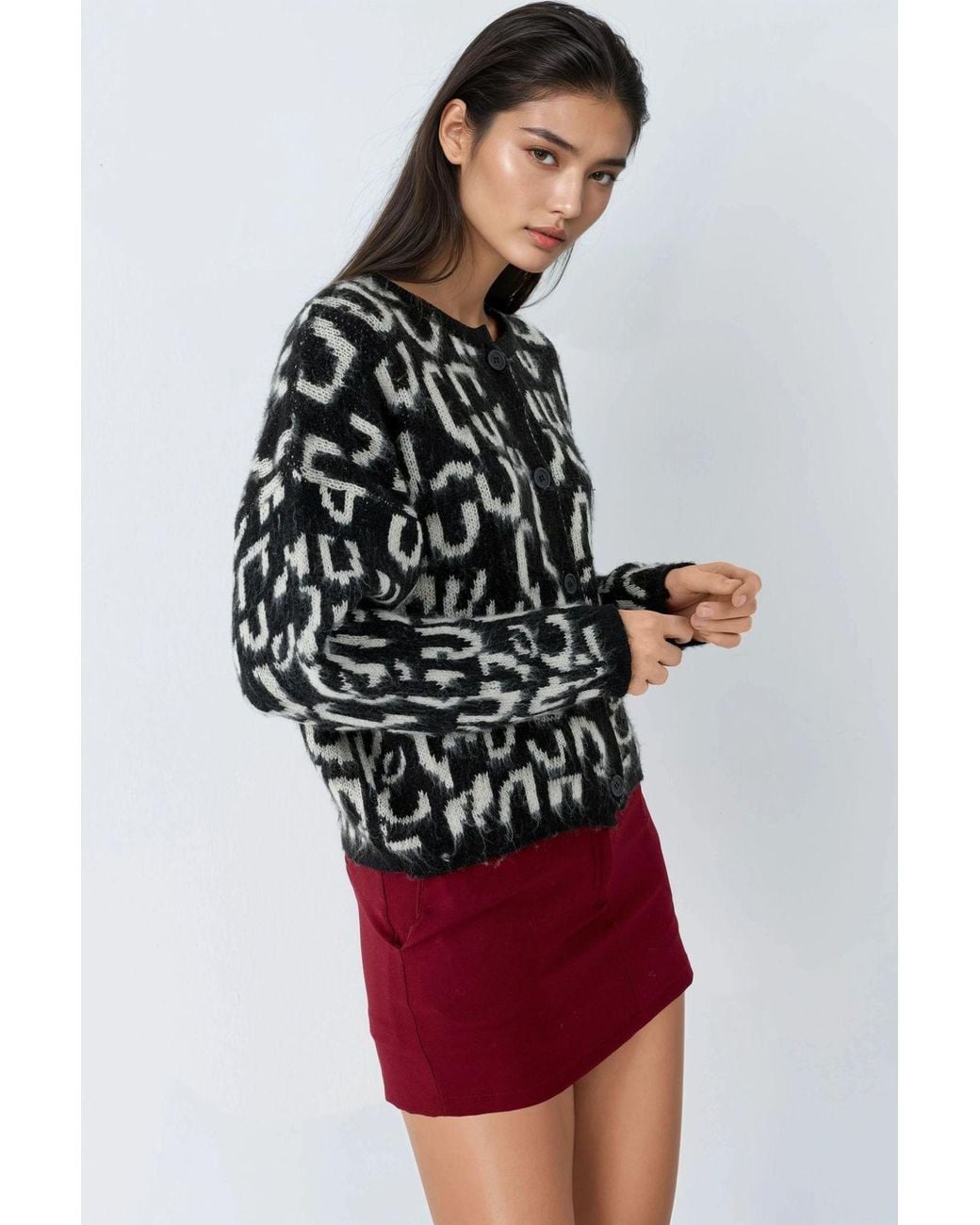 My Fashion Red Jacquard Long Sleeve Buttoned Cardigan