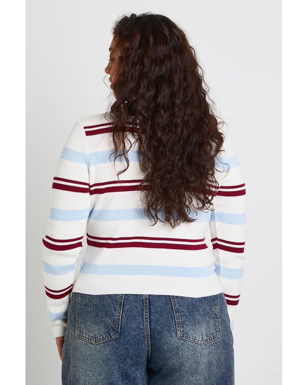 Boohoo White Plus Collared Stripe Crew Neck Cardigan