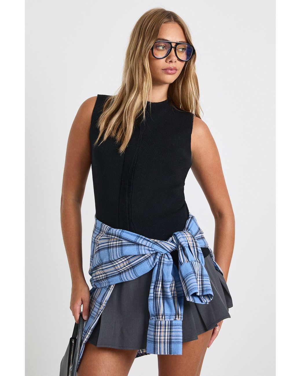 Boohoo Blue Crew Neck Knitted Concealed Panel Waistcoat