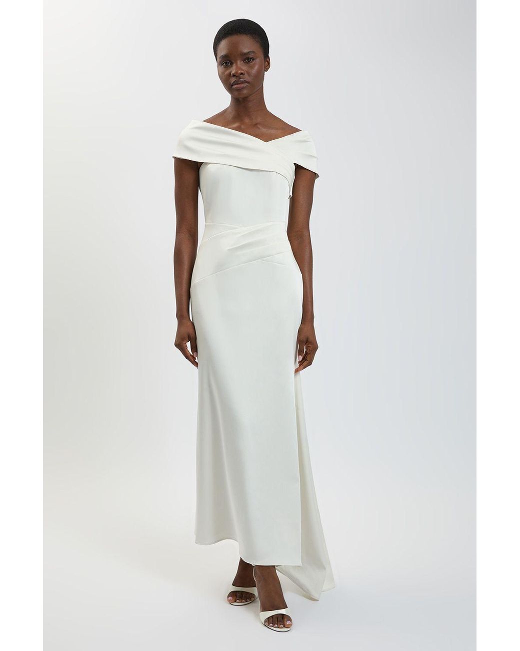 Karen Millen White Petite Tailored Satin Drape Asymmetric Maxi Fishtail Dress
