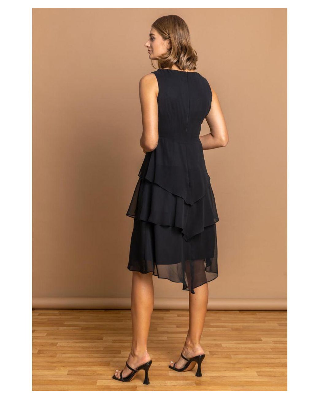Roman Black Tiered Embellished Neck Chiffon Dress