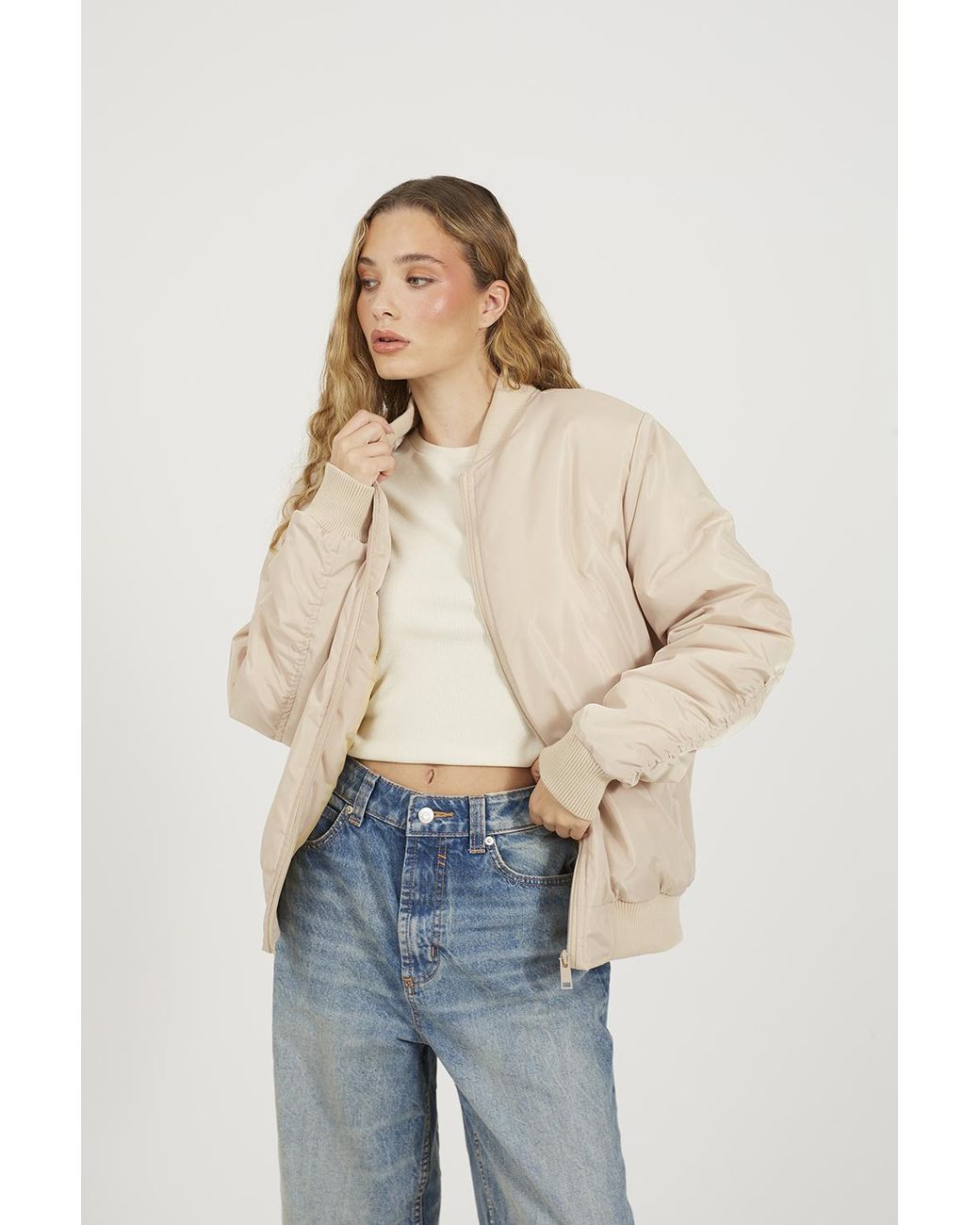 Brave Soul Blue Ruched Sleeve Oversized Bomber Jacket