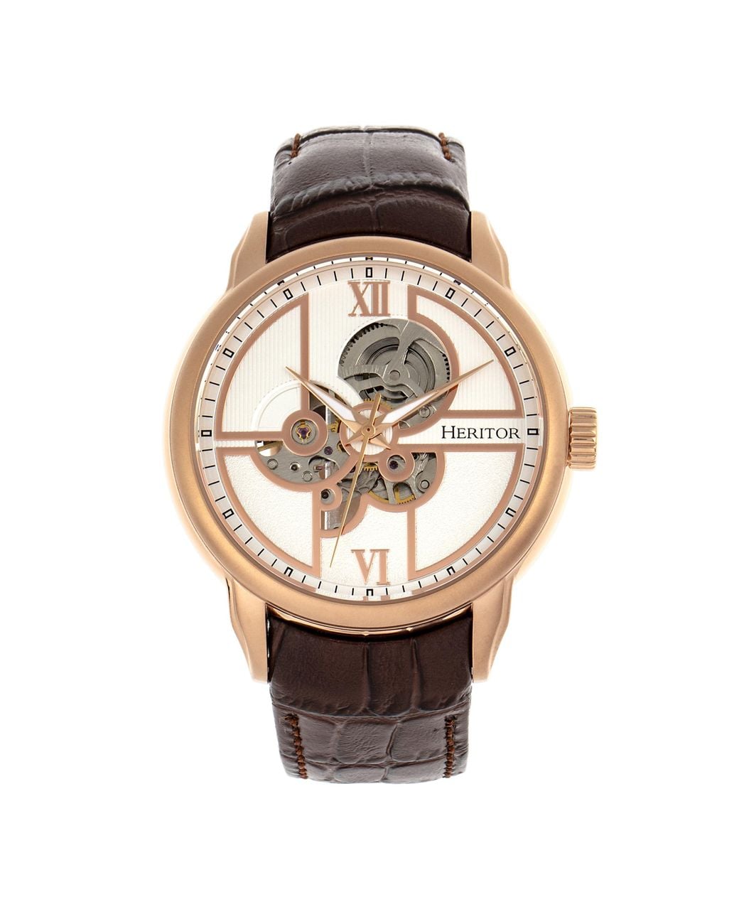 Heritor Metallic Sanford Semi-Skeleton Leather-Band Watch for men