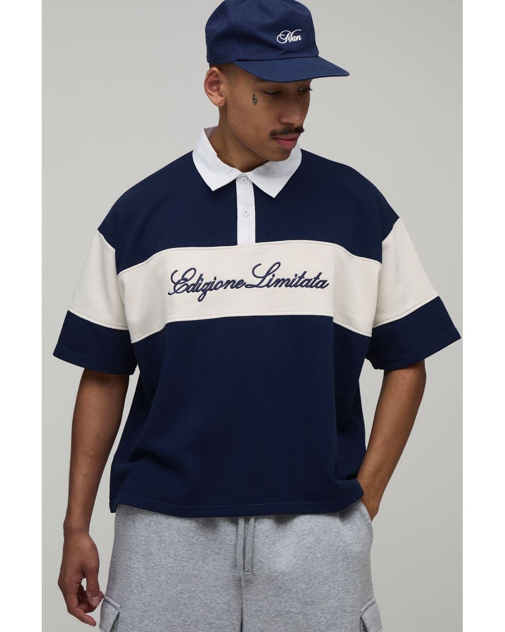 BoohooMAN Blue Oversized Boxy Colour Block Rugby Polo for men