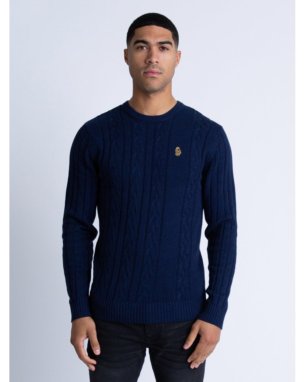 Luke 1977 Blue Morden Textured Crew Neck Knitted Jumper for men