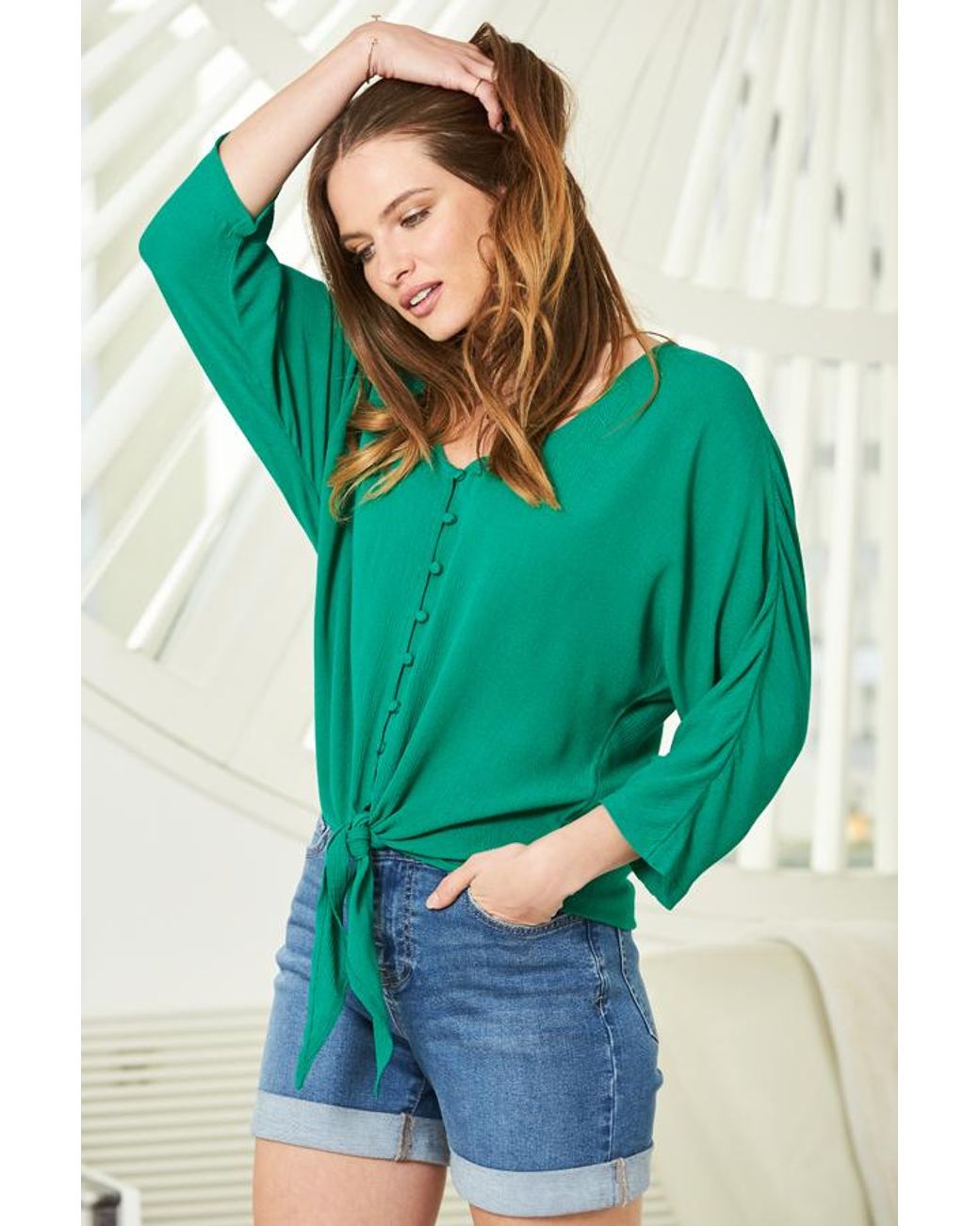 Sosandar Green Jade Button Front Tie Waist Top Viscose