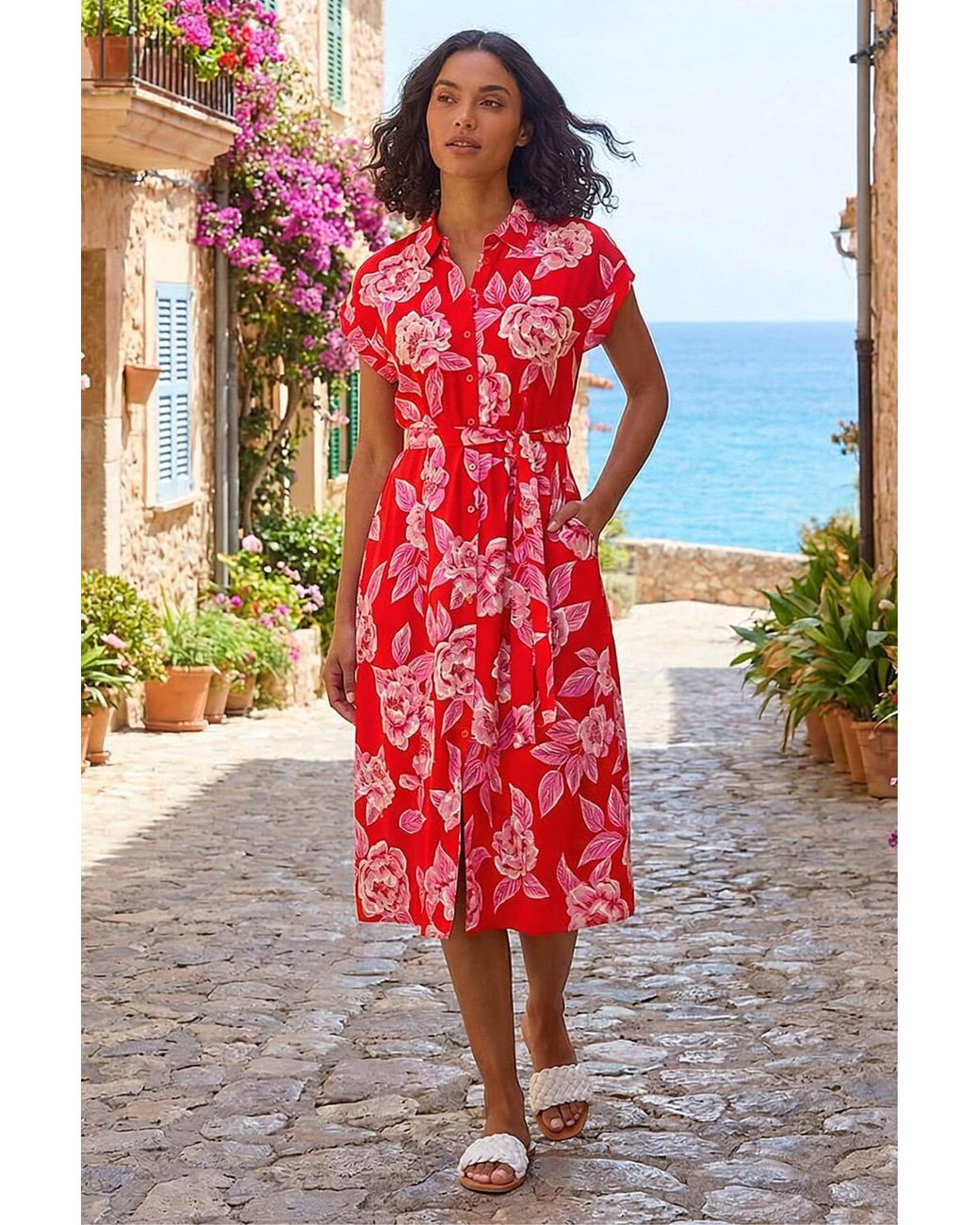 Roman Red Rose Print Belted Midi Dress