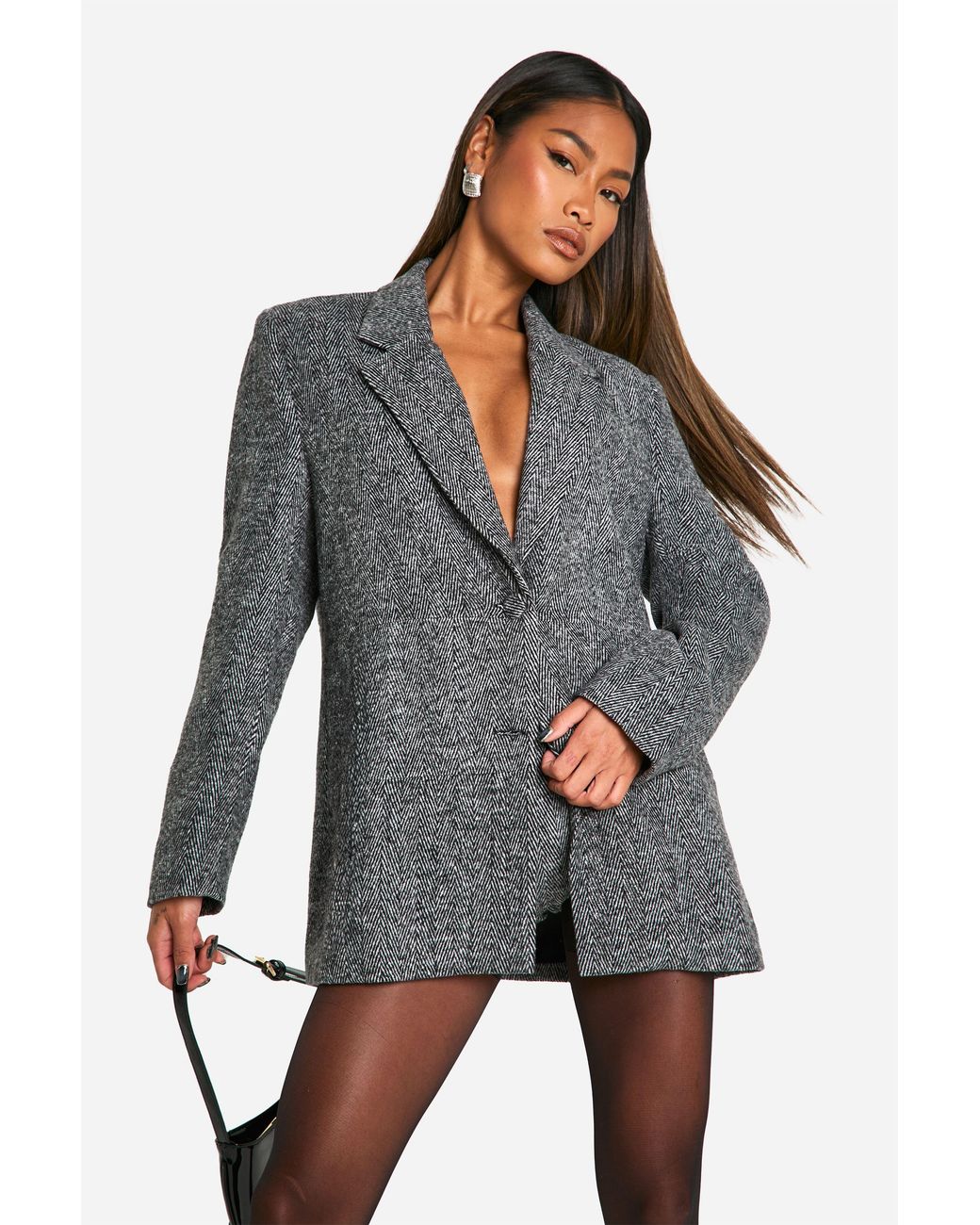 Boohoo Gray Herringbone Fitted Tailored Blazer