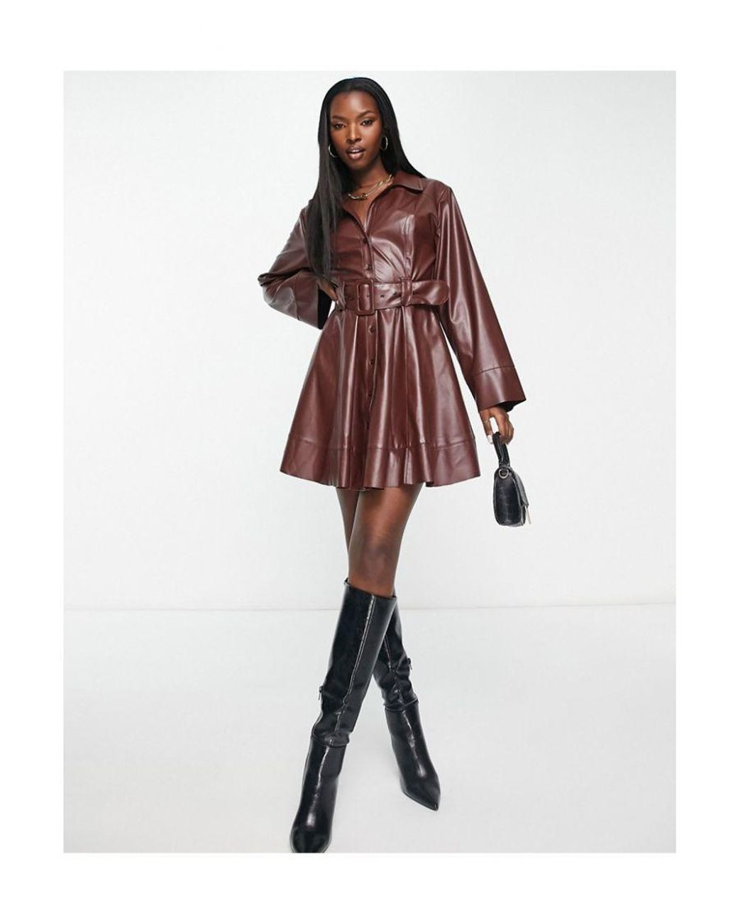 ASOS Leather Look Belted Skater Mini Shirt Dress in Brown | Lyst UK