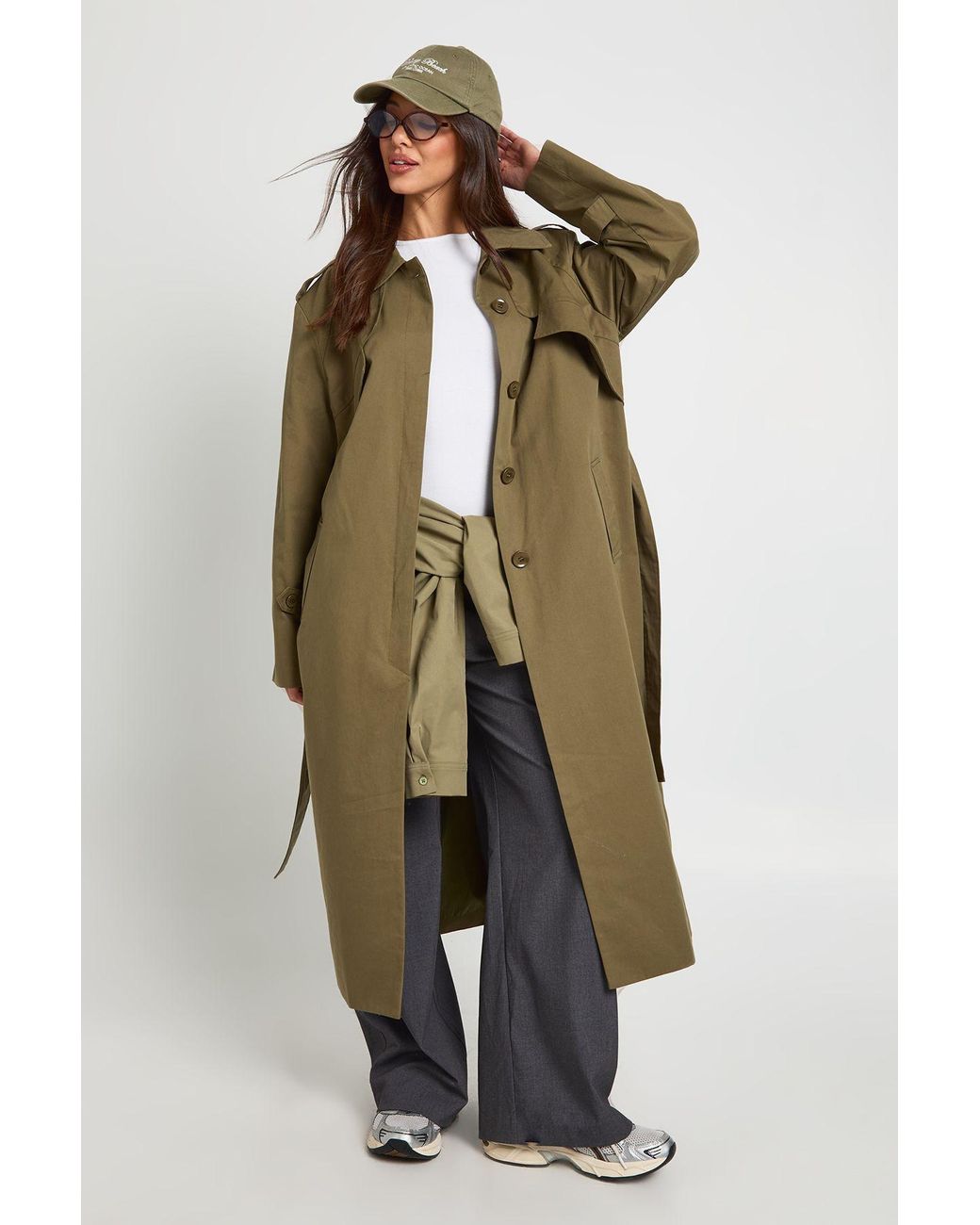 Boohoo Green Oversized Belted Trench Coat