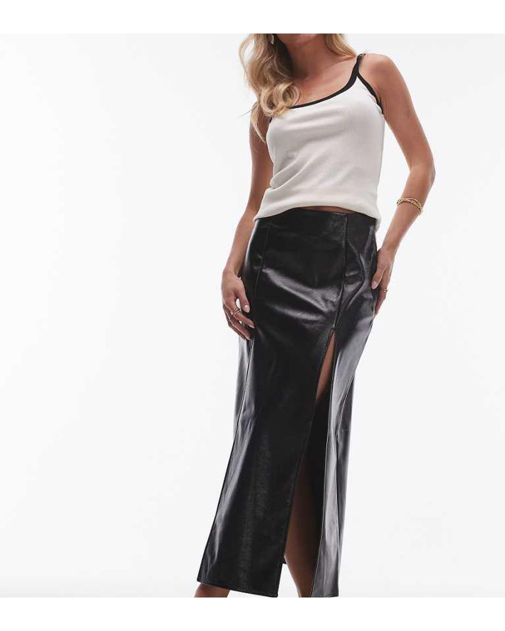 Topshop Unique Black Vinyl Double Split Midi Skirt