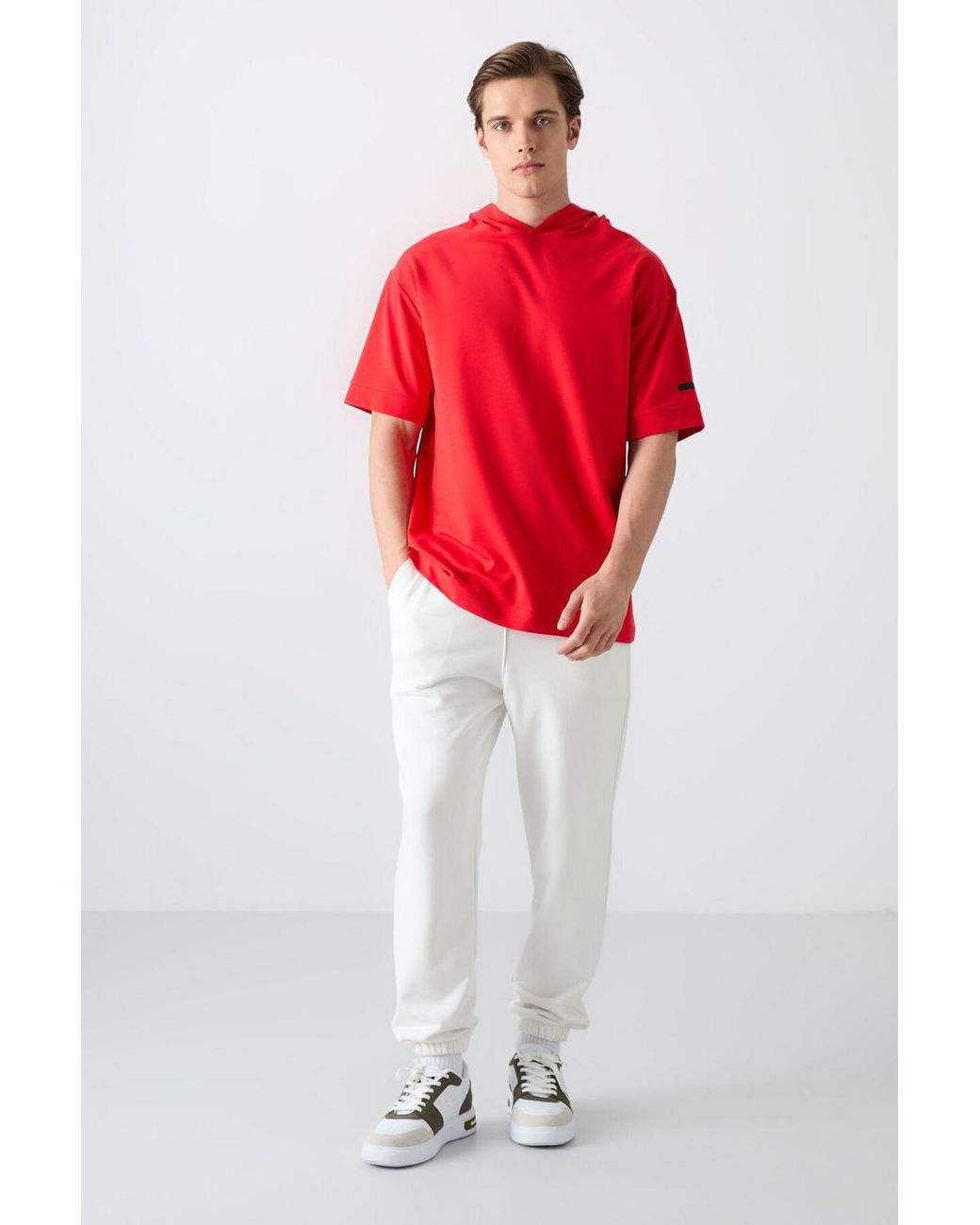 TOMMY LIFE Red Oversized Hooded Short-Sleeve T-Shirt for men