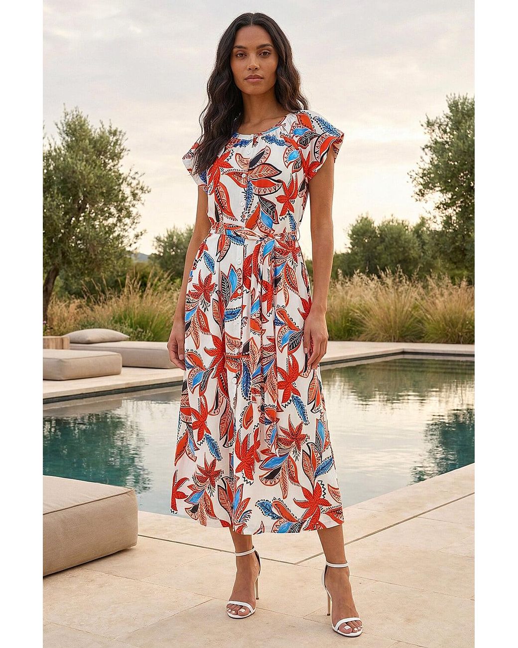 Roman Red Leaf Print Belted Midi Dress