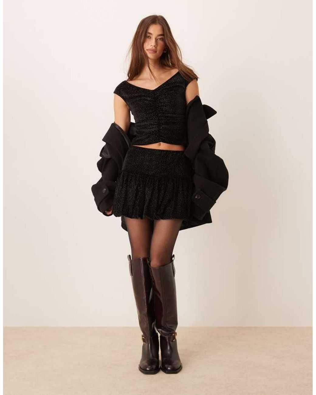 Miss Selfridge Black Velvet Dot Bubble Hem Mini Skirt