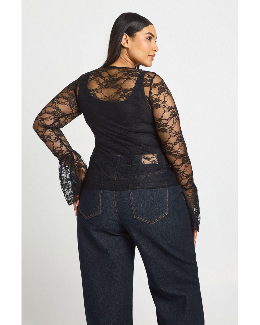 Boohoo Blue Plus Sheer Lace Fluted Cuff Top