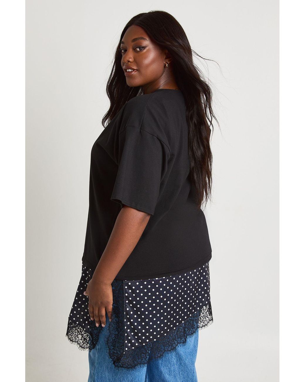 Boohoo Black Plus Polka Dot Lace Satin Asymmetric Hem T-Shirt