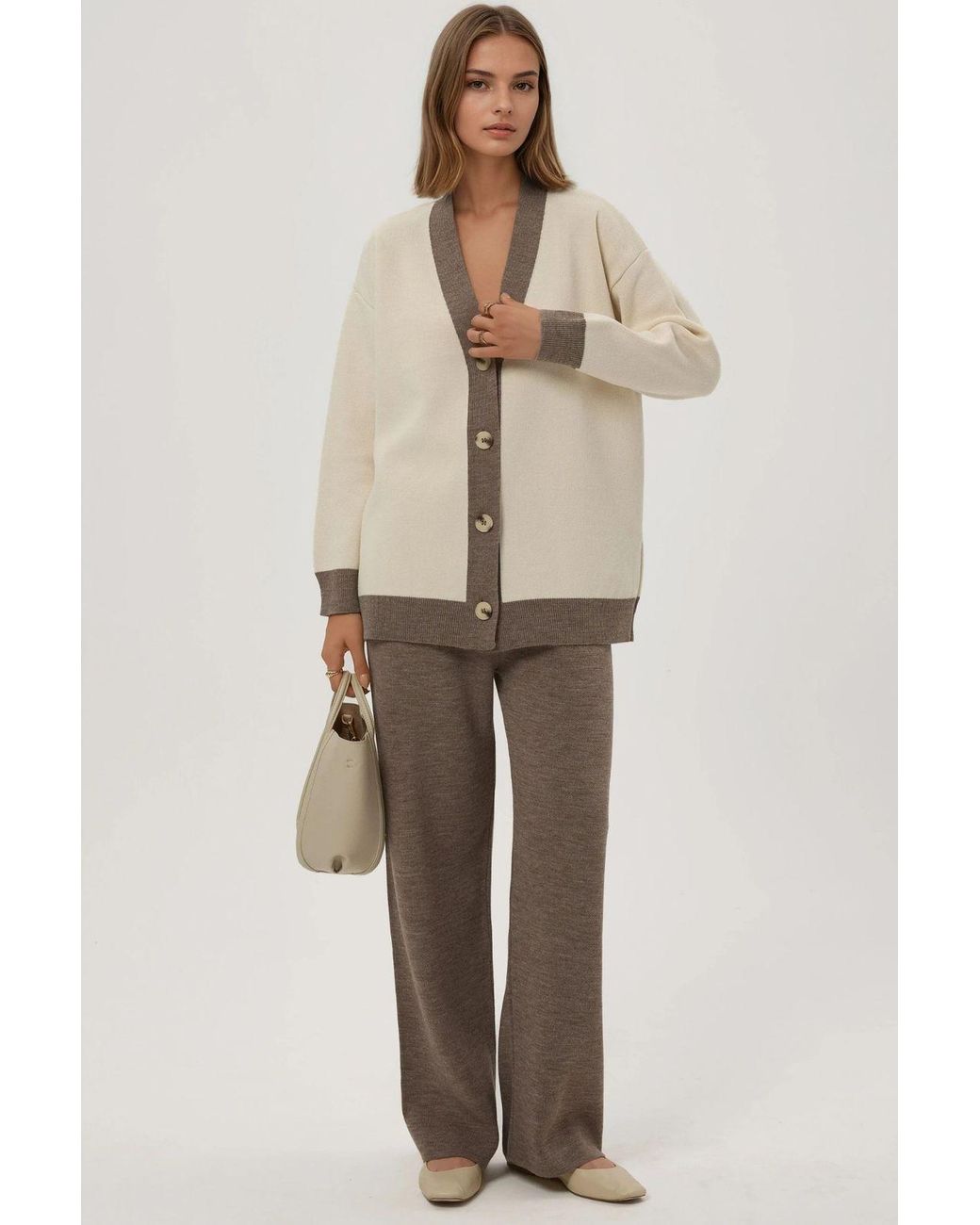 Hiccup Natural Buttoned Cardigan & Textured High Waist Knit Pants Co-Ord Set