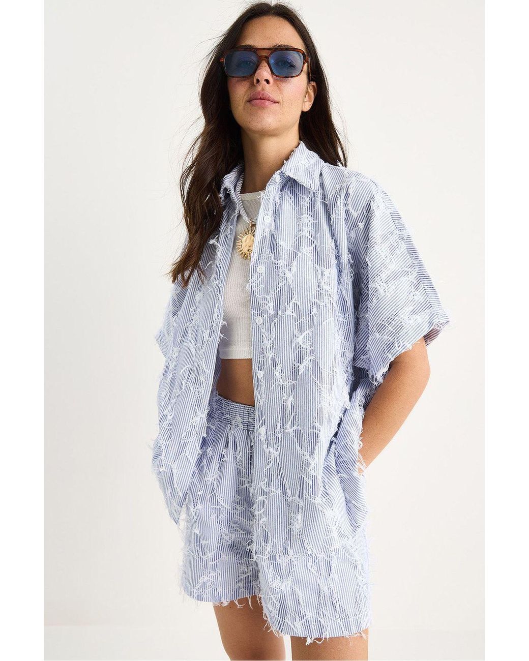 Bianco Lucci Blue Oversized Striped Co-Ord Set With Frilly Detail