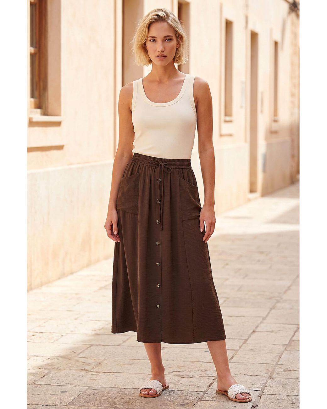Roman Brown Air Flow Button Front Tie Midi Skirt