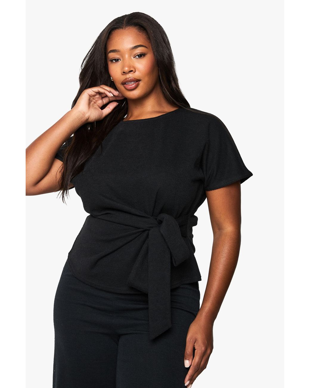 Boohoo Black Plus Knitted Drape Detail Short Sleeve Top
