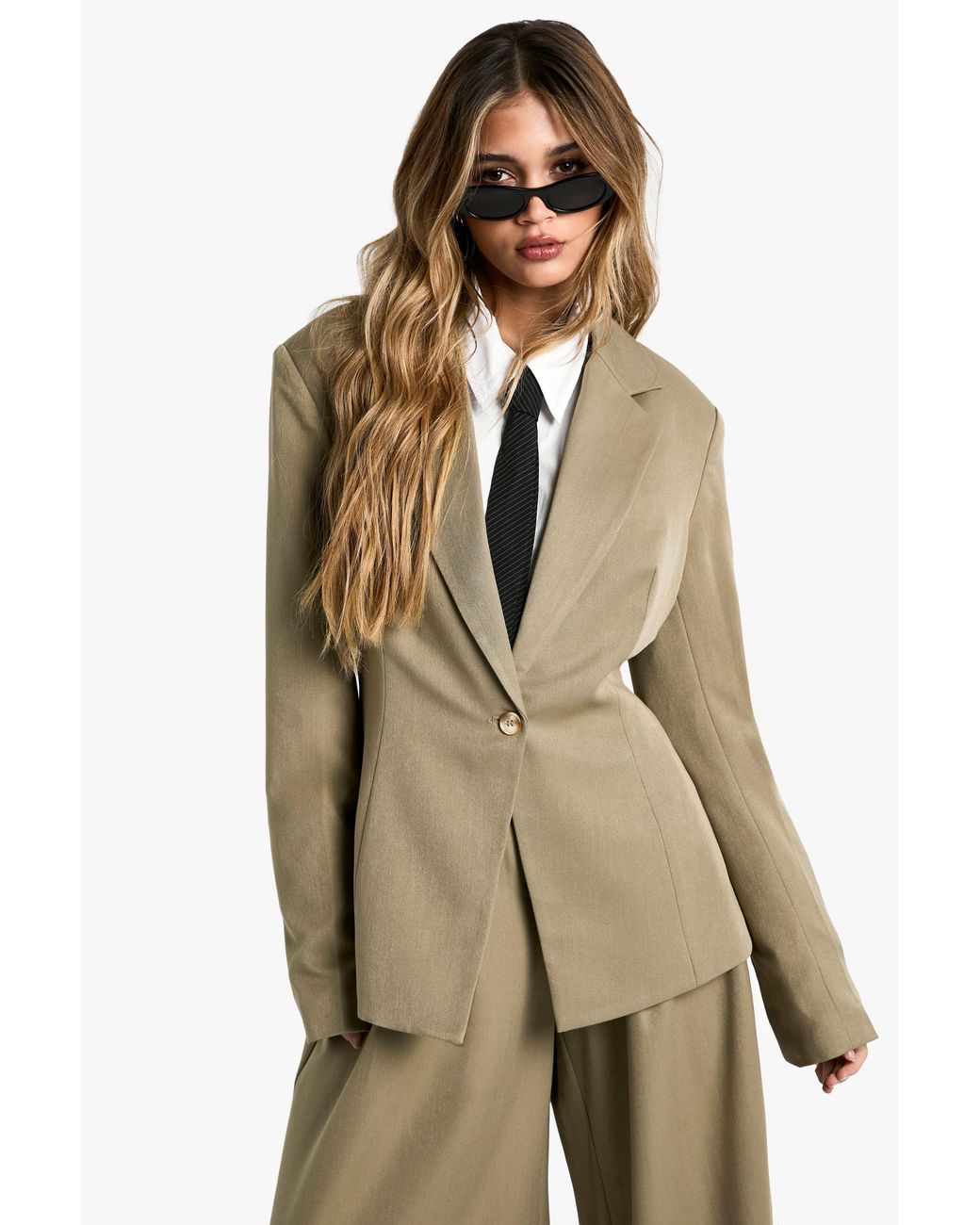 Boohoo Natural Tailored Cinched Waist Blazer