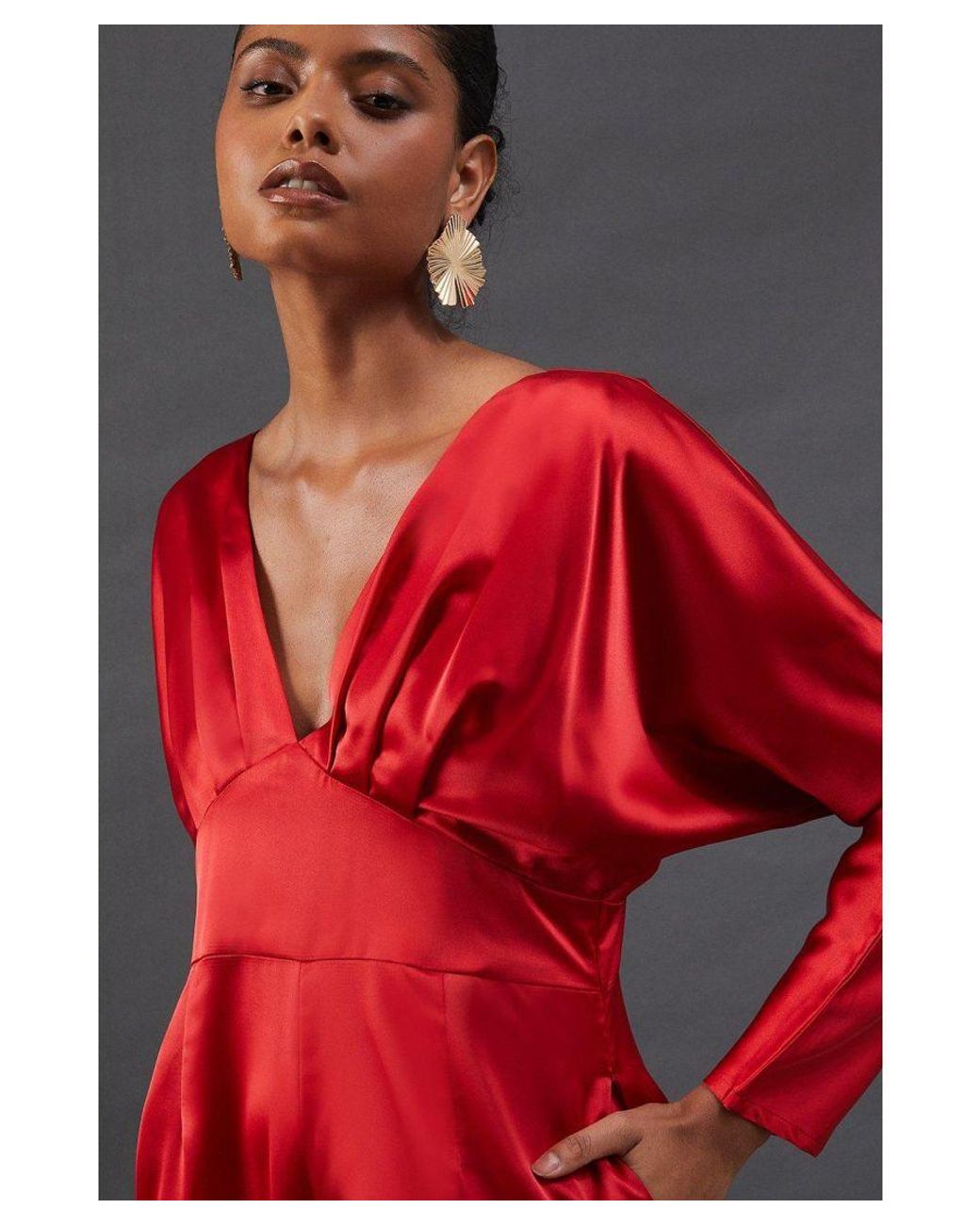 Warehouse Red Satin Batwing Wide Leg Jumpsuit
