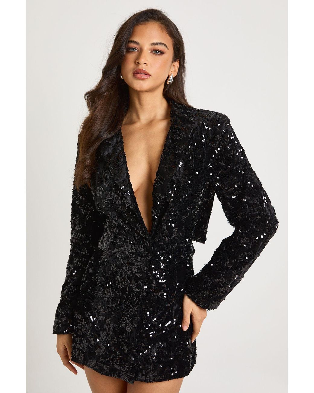 Boohoo Black Structured Velvet Lace Demask Blazer Dress
